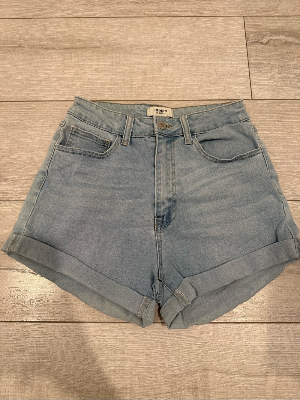 Forever 21 Light Wash High-Rise Rolled Hem Denim Shorts
